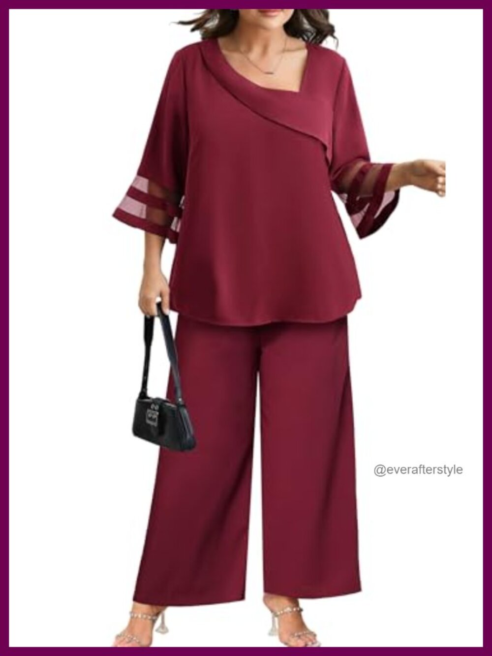 Plus Size 2 Piece Pant Suit Set Mesh Bell Sleeve Dressy Pantsuit Polyester